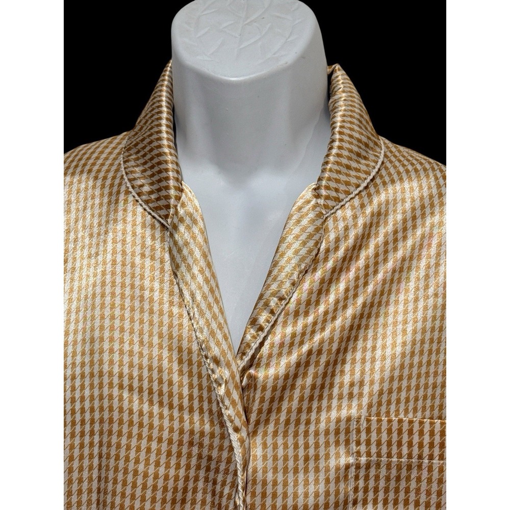 VTG CHRISTIAN DIOR Pajama Top Satin Gold Houndstooth Silk Lounge Shirt 24" PTP - Picture 4 of 10